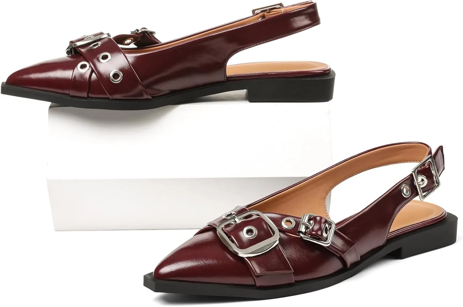 Women's Slingback Flats Closed Pointed Toe Low Heel Dress Flat Shoes Buckle Pathent Leather Ballet Flats for Women 2025 Comfrotable Work