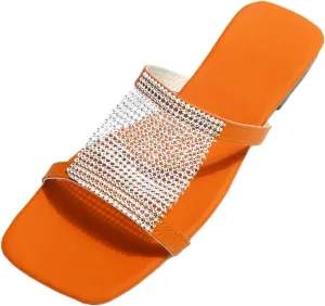 Women's Square Toe Rhinestone Flat Sandal Slippers Shoes for Women Platform Sandals Rhinestone