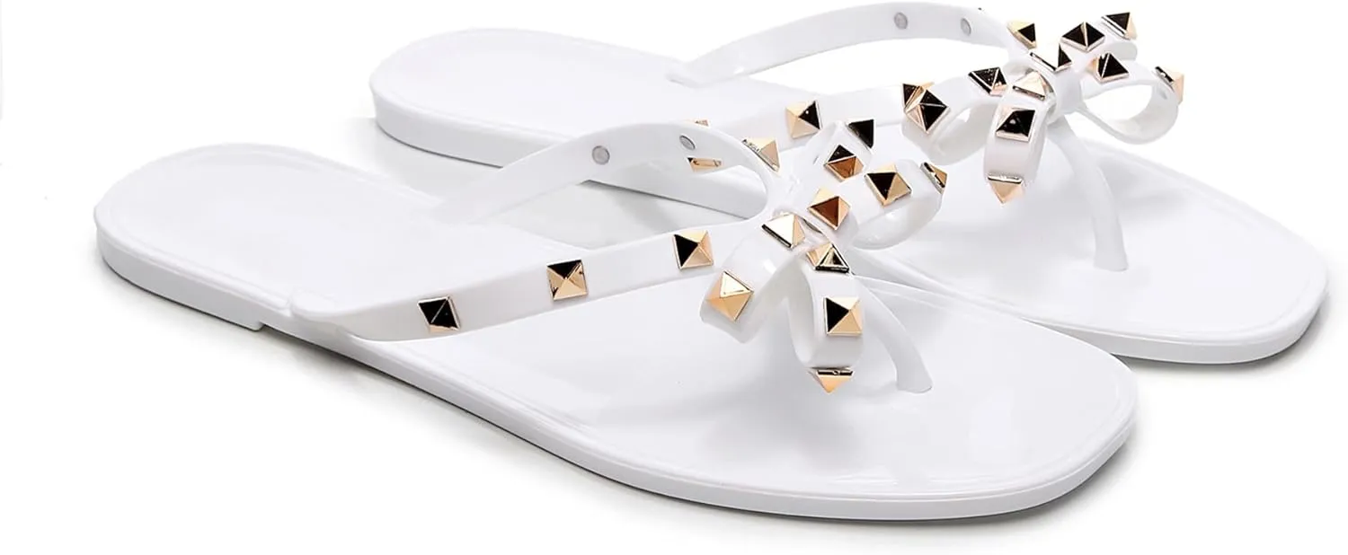Womens Studded Sandals Flat Jelly Shoes Bow Flip Flops Thong for Ladies Black Size 7 Stud Slip On Summer Beach Rivets Dressy Slides