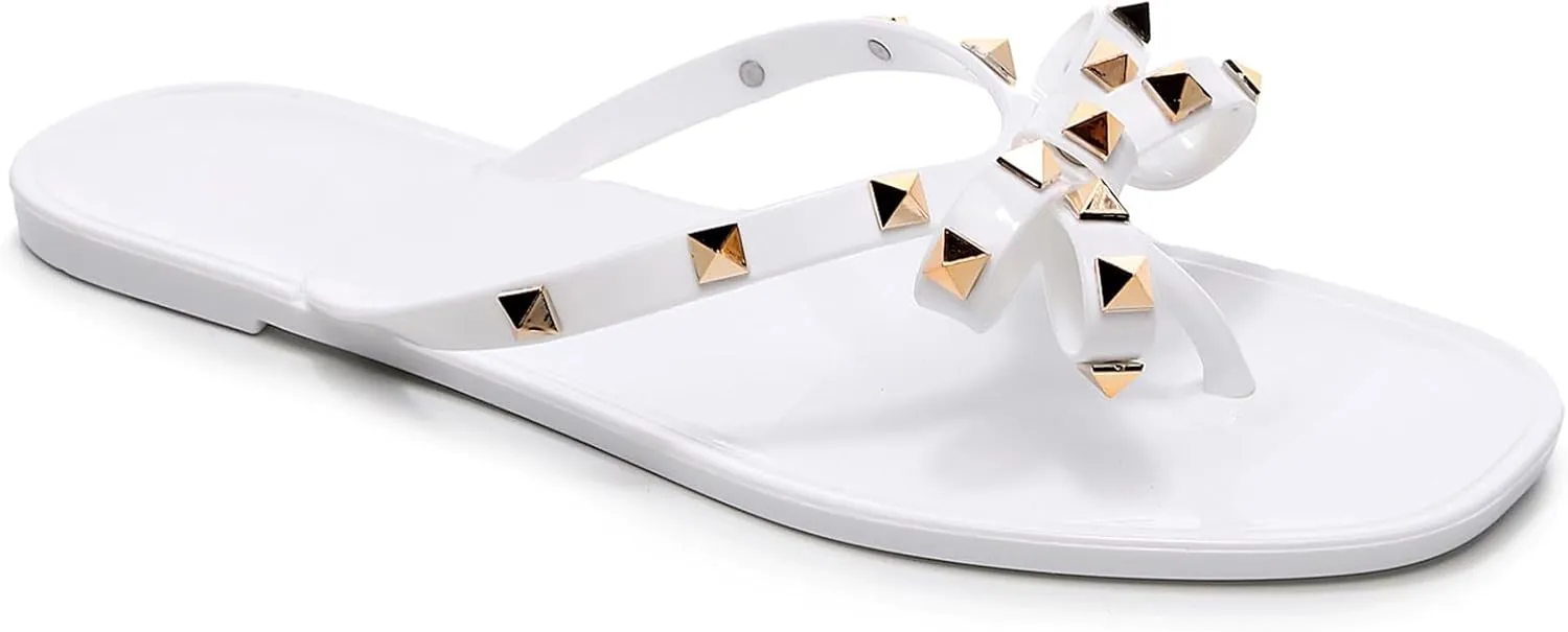 Womens Studded Sandals Flat Jelly Shoes Bow Flip Flops Thong for Ladies Black Size 7 Stud Slip On Summer Beach Rivets Dressy Slides