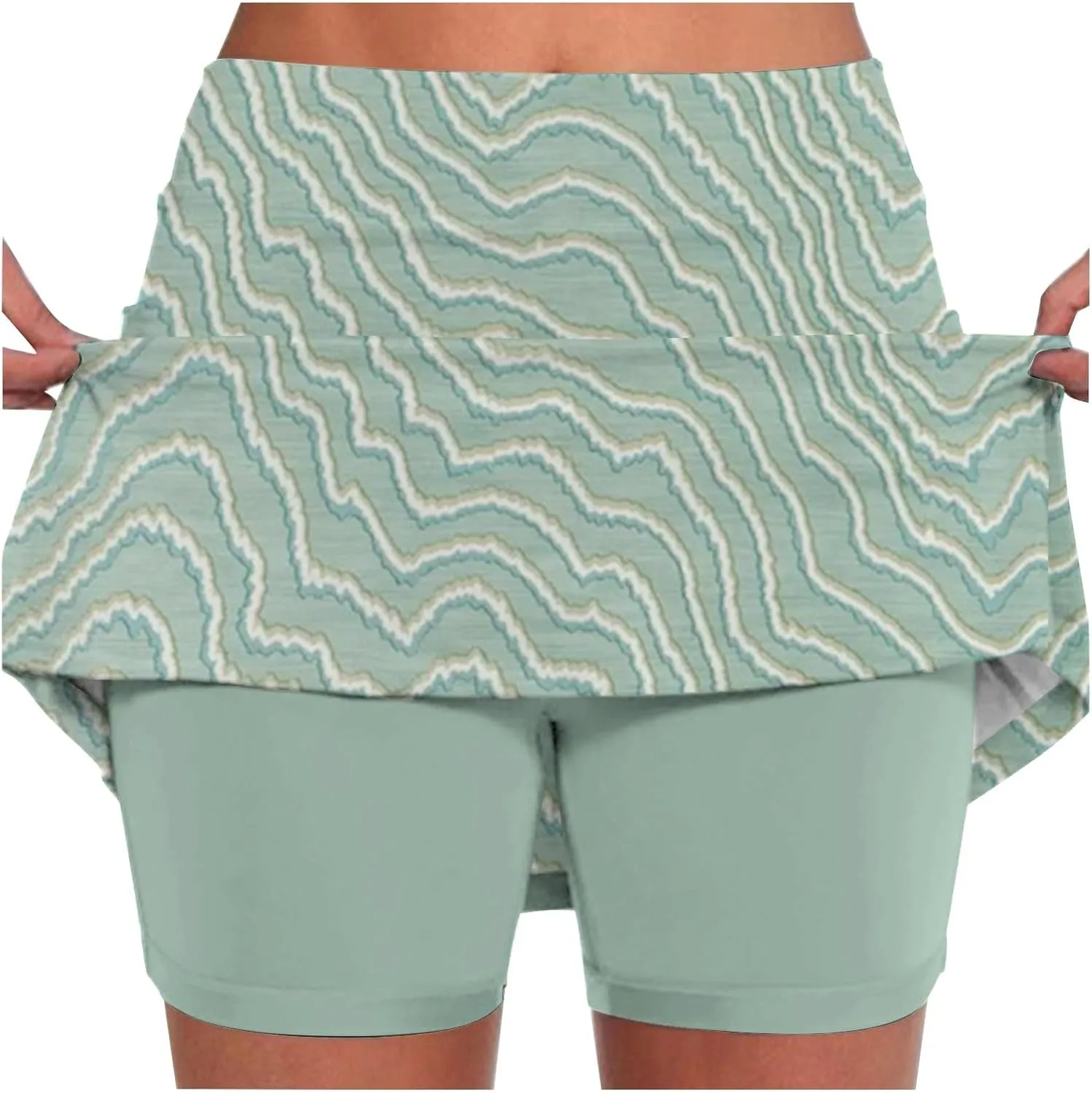 Women's Summer 2 in 1 Skorts Striped Printing Stretchy Tennis Skirt Shorts Breathable Gym Lightweight Athletic Shorts