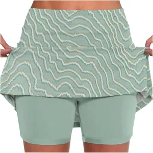 Women's Summer 2 in 1 Skorts Striped Printing Stretchy Tennis Skirt Shorts Breathable Gym Lightweight Athletic Shorts