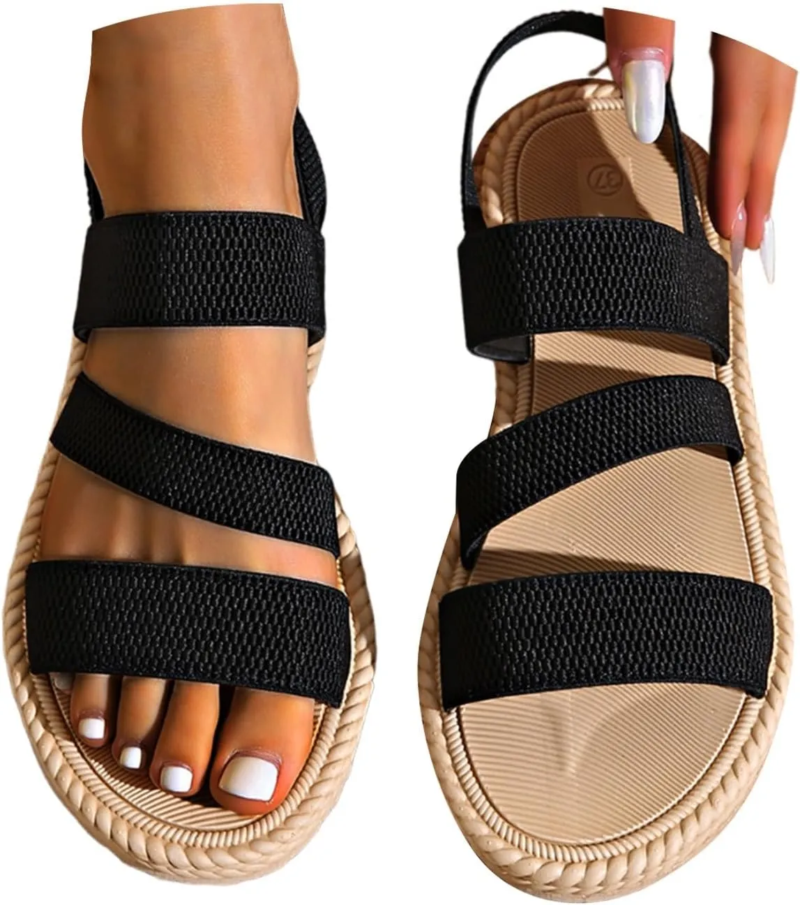 Women's Summer Flat Sandals Open Toe Slingback Comfortable Slip-On Sandals Non Slip Elastic Ankle Strap Walking Sandals Outdoor Sport Walking Casual Sandals
