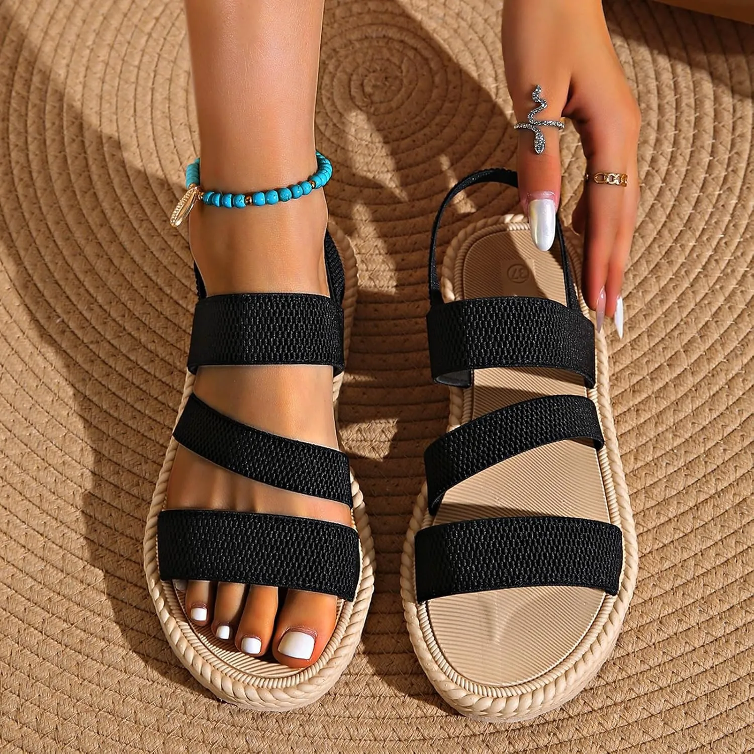 Women's Summer Flat Sandals Open Toe Slingback Comfortable Slip-On Sandals Non Slip Elastic Ankle Strap Walking Sandals Outdoor Sport Walking Casual Sandals