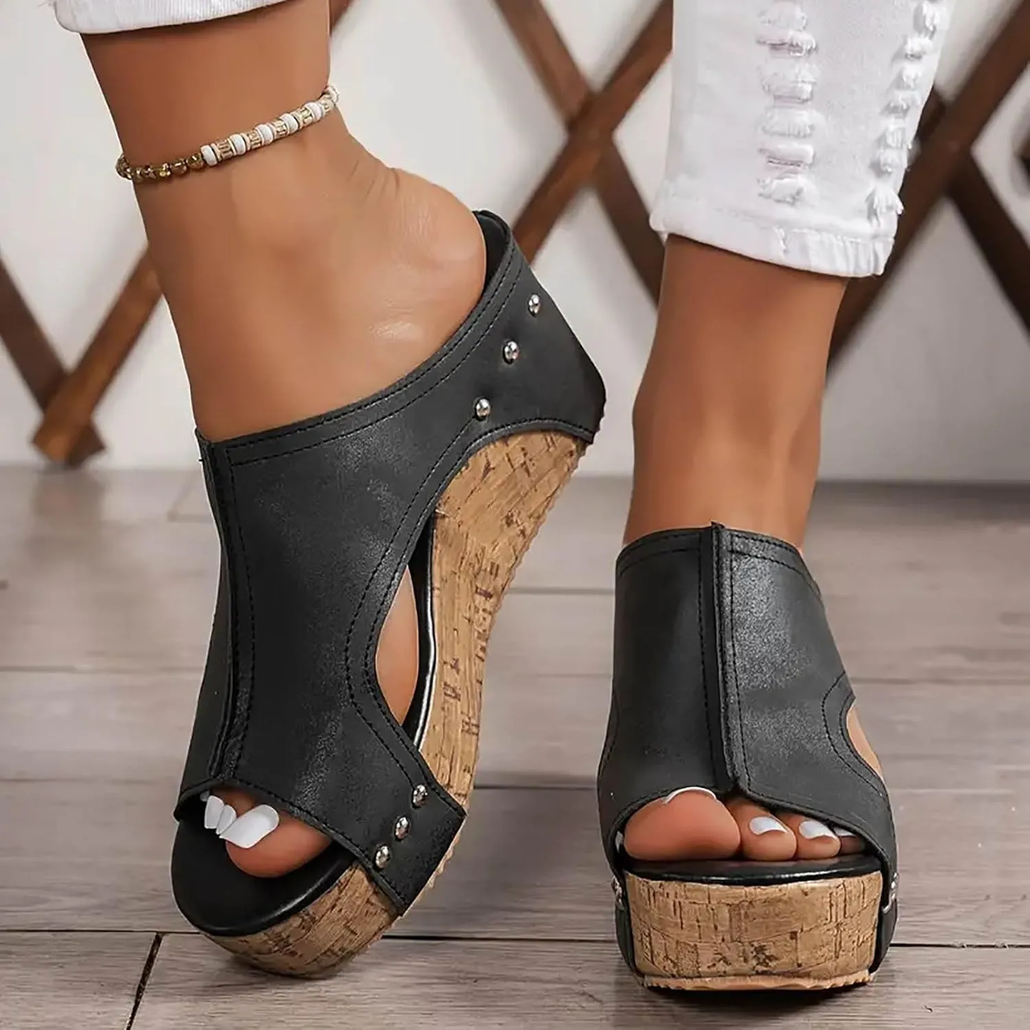 Womens Summer Sandals Peep Toe Slip On Wedge Slides Cut Out Boho Leather Platform Sandal Comfortable High Heeled Shoes