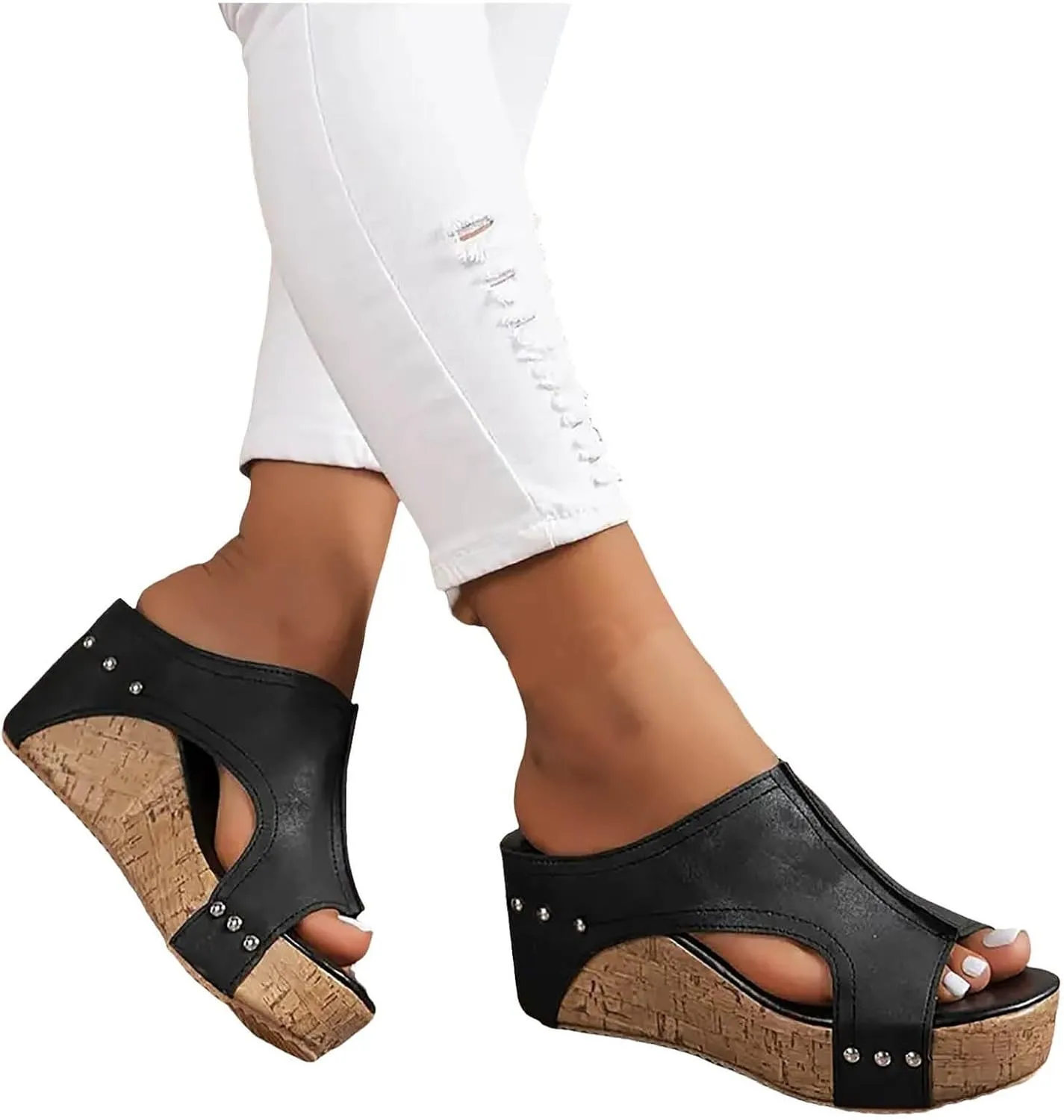 Womens Summer Sandals Peep Toe Slip On Wedge Slides Cut Out Boho Leather Platform Sandal Comfortable High Heeled Shoes