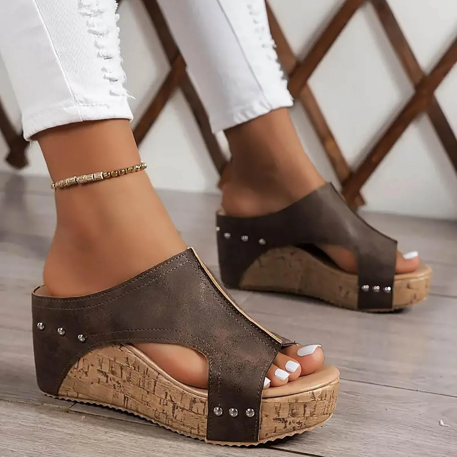 Womens Summer Sandals Peep Toe Slip On Wedge Slides Cut Out Boho Leather Platform Sandal Comfortable High Heeled Shoes