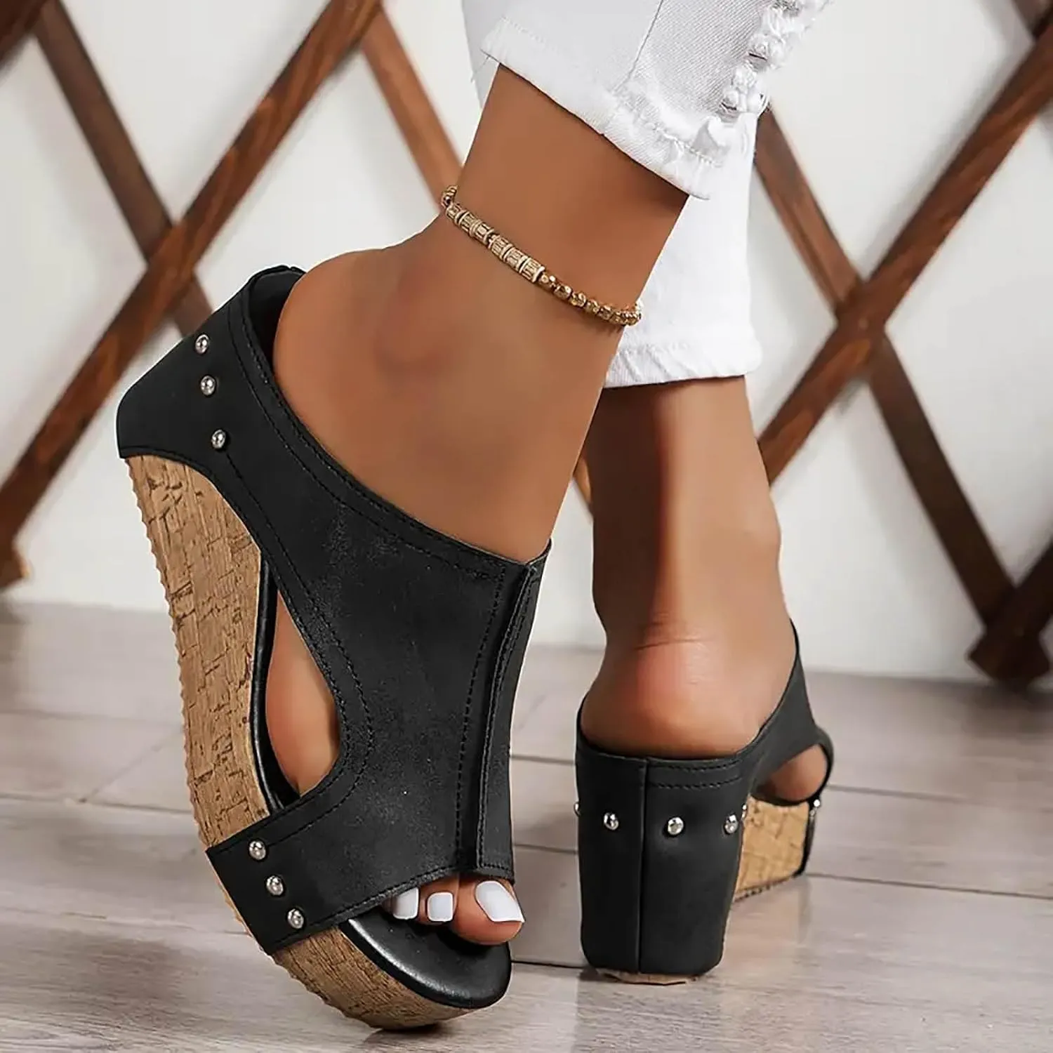 Womens Summer Sandals Peep Toe Slip On Wedge Slides Cut Out Boho Leather Platform Sandal Comfortable High Heeled Shoes