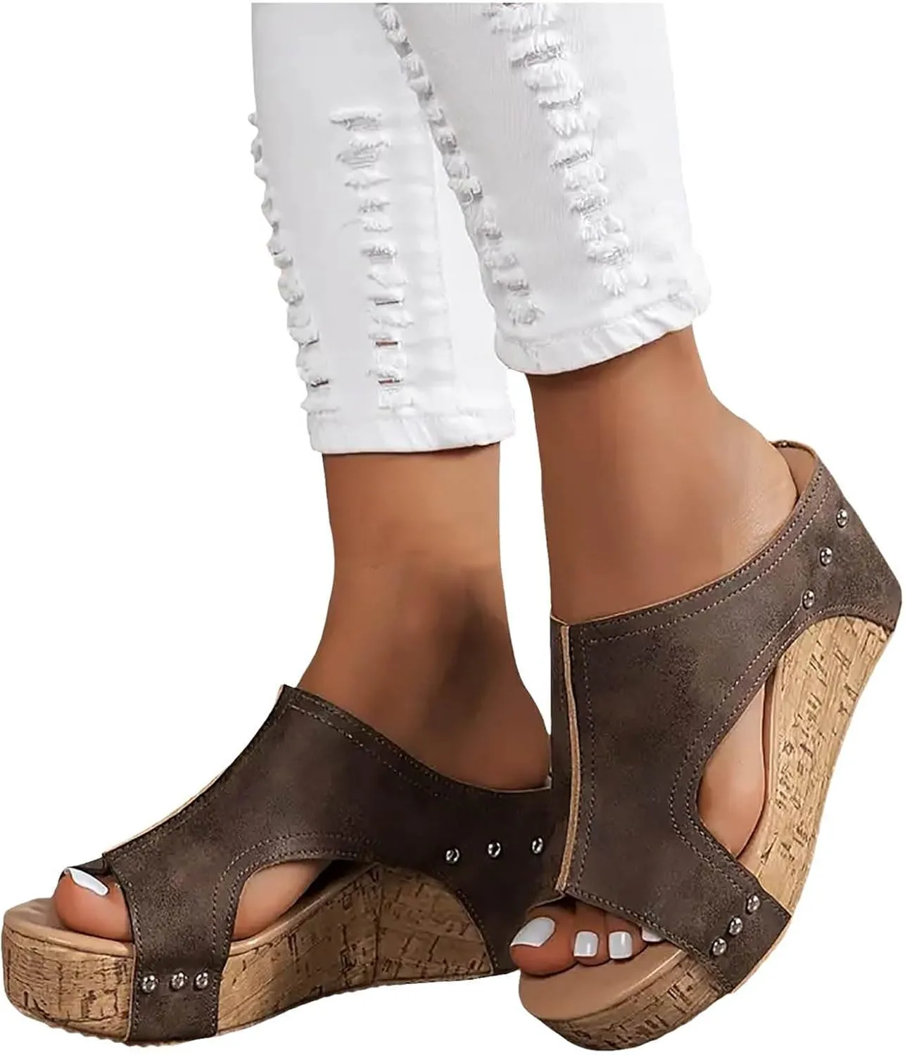 Womens Summer Sandals Peep Toe Slip On Wedge Slides Cut Out Boho Leather Platform Sandal Comfortable High Heeled Shoes