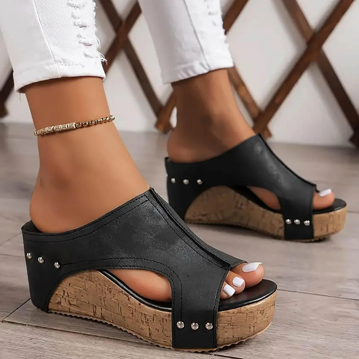Womens Summer Sandals Peep Toe Slip On Wedge Slides Cut Out Boho Leather Platform Sandal Comfortable High Heeled Shoes