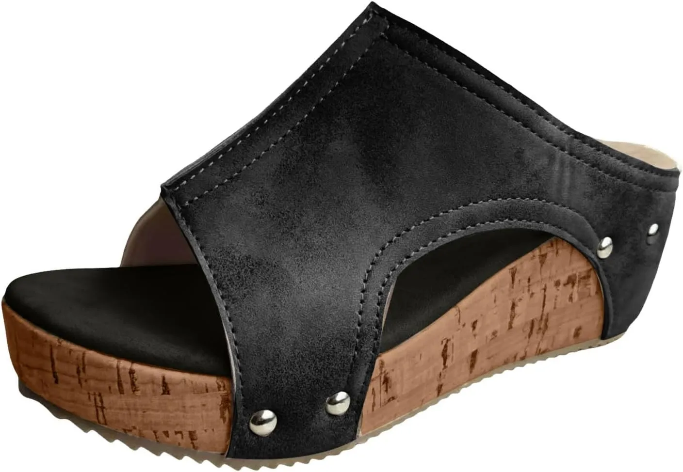 Womens Summer Sandals Peep Toe Slip On Wedge Slides Cut Out Boho Leather Platform Sandal Comfortable High Heeled Shoes