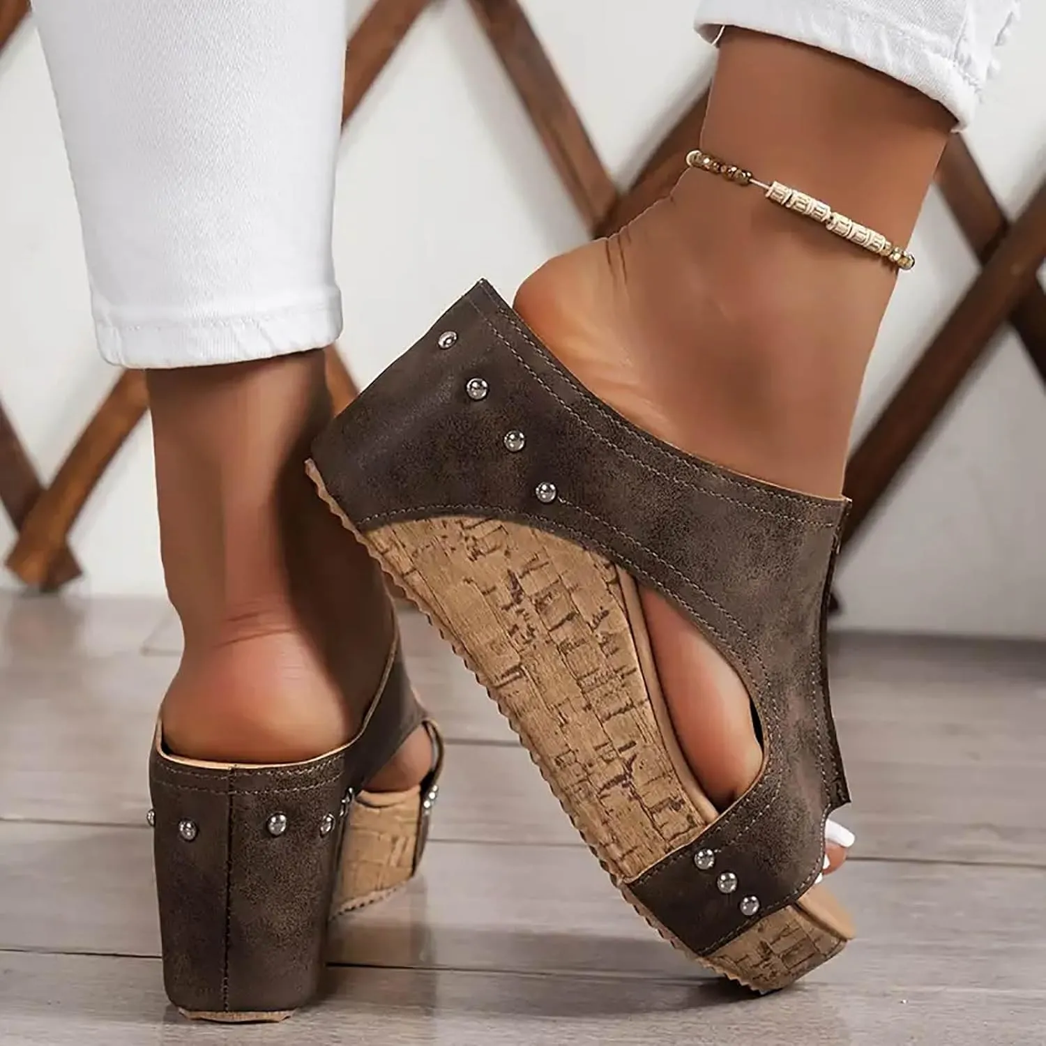 Womens Summer Sandals Peep Toe Slip On Wedge Slides Cut Out Boho Leather Platform Sandal Comfortable High Heeled Shoes