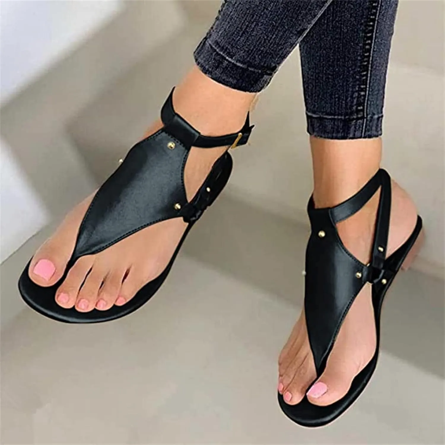 Women's Summer Sandals,Womens Casual Boho Crystal T-Strap Clip Toe Flip Flops Comfy Beach Flat Shoes Sandals for Women