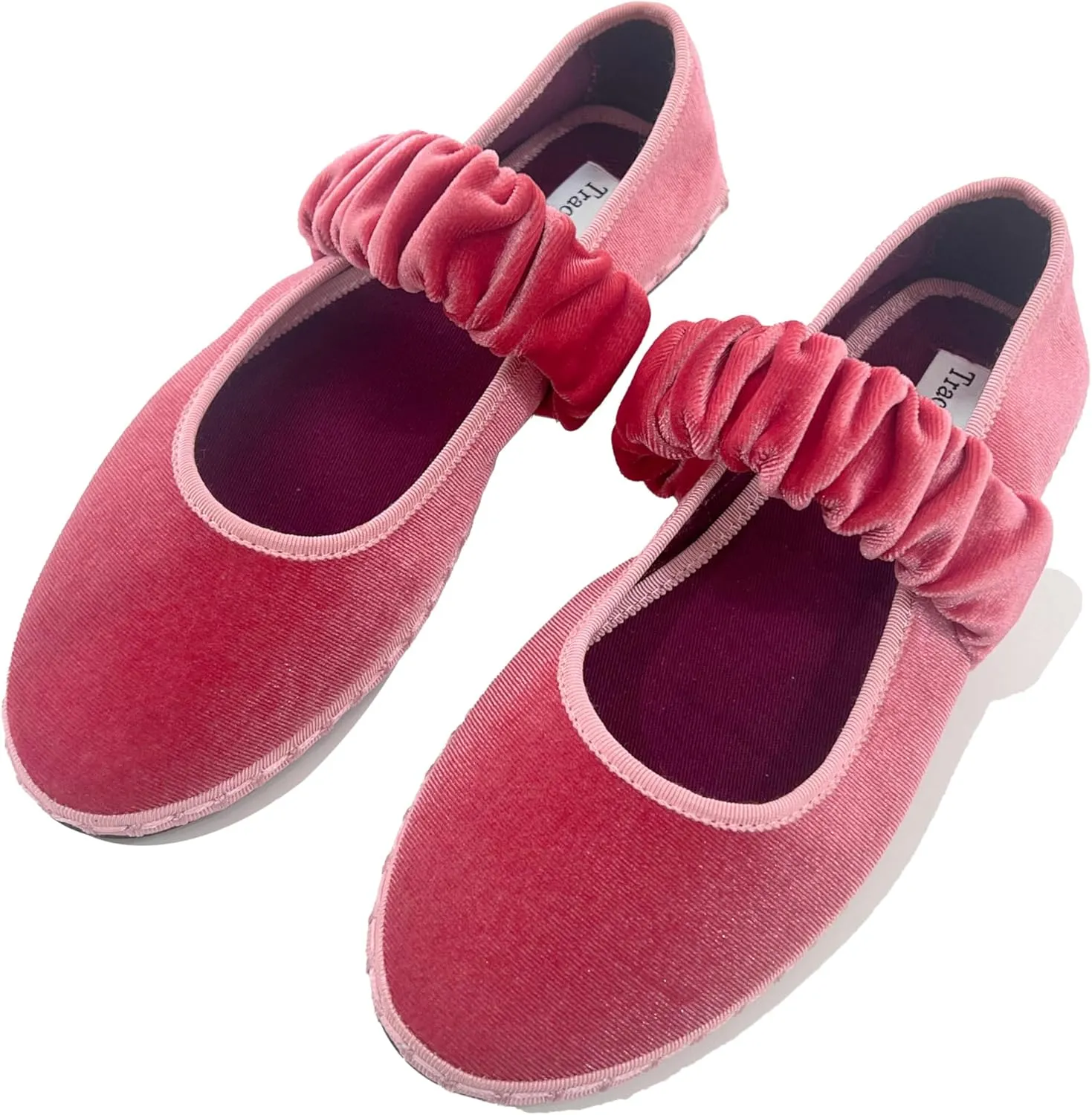 Women's Velvet Mary Jane Flats Round Toe Ballet Shoes Wide Strap Design with Burgundy Trim