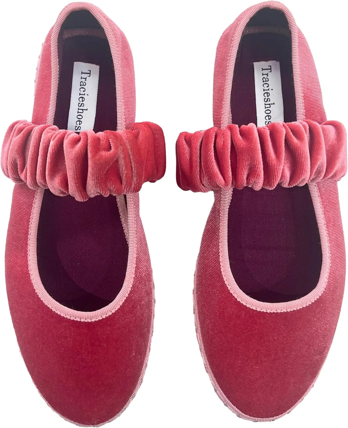 Women's Velvet Mary Jane Flats Round Toe Ballet Shoes Wide Strap Design with Burgundy Trim