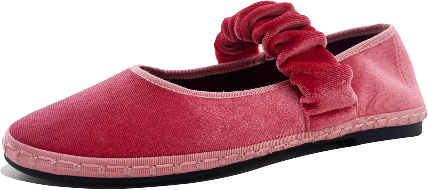 Women's Velvet Mary Jane Flats Round Toe Ballet Shoes Wide Strap Design with Burgundy Trim