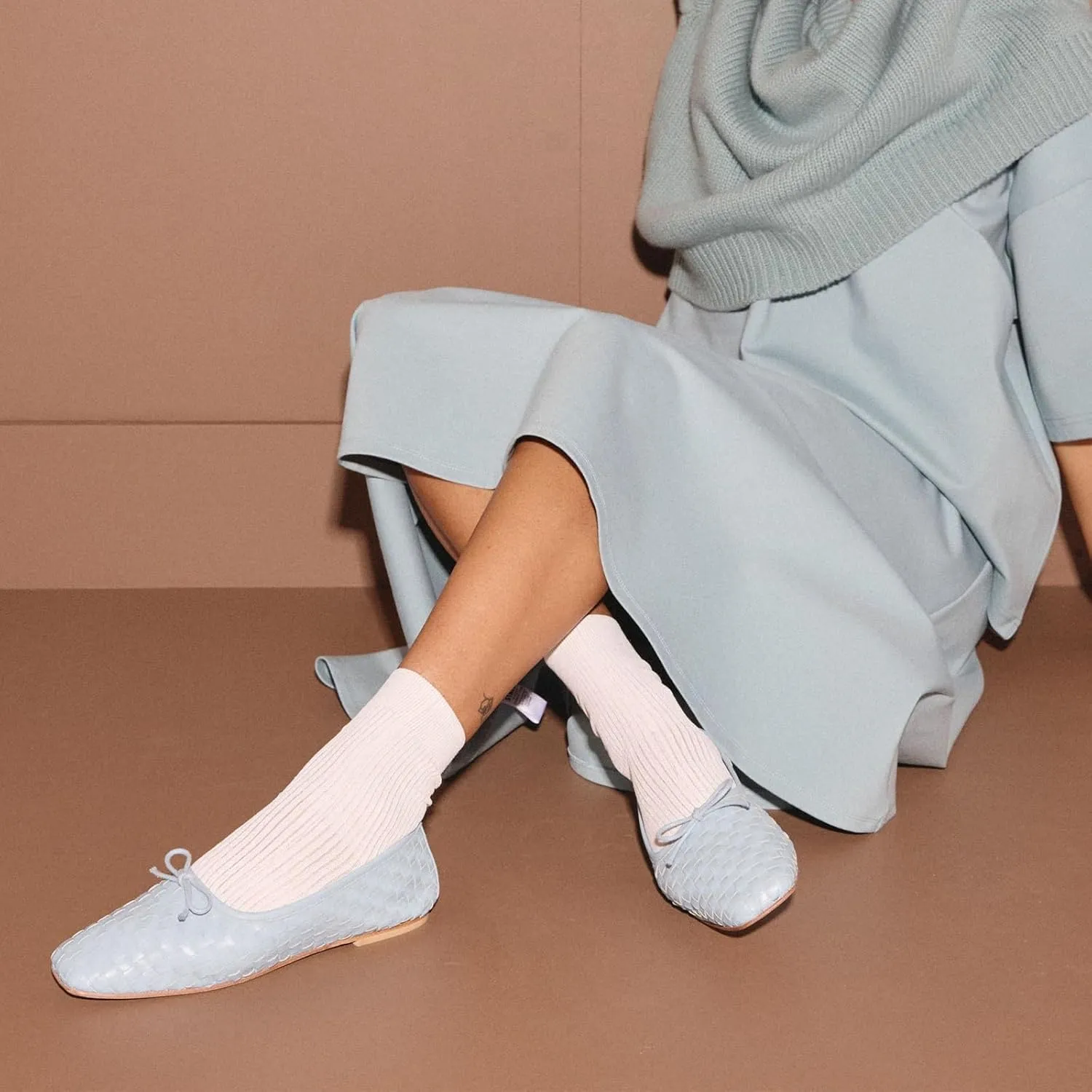 Woven Flats Ballet Shoes for Women with Bows Square Head Design Pull On Comfortable Elegance