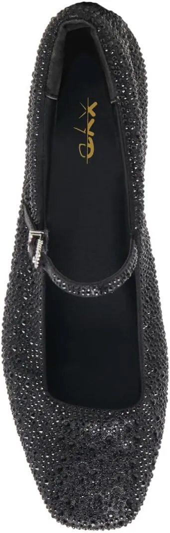 XYD Women Dazzled Crystals Ballet Flats Square Toe Strap with Buckled Mary Jane Dating Dress Shoes