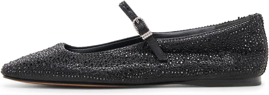 XYD Women Dazzled Crystals Ballet Flats Square Toe Strap with Buckled Mary Jane Dating Dress Shoes