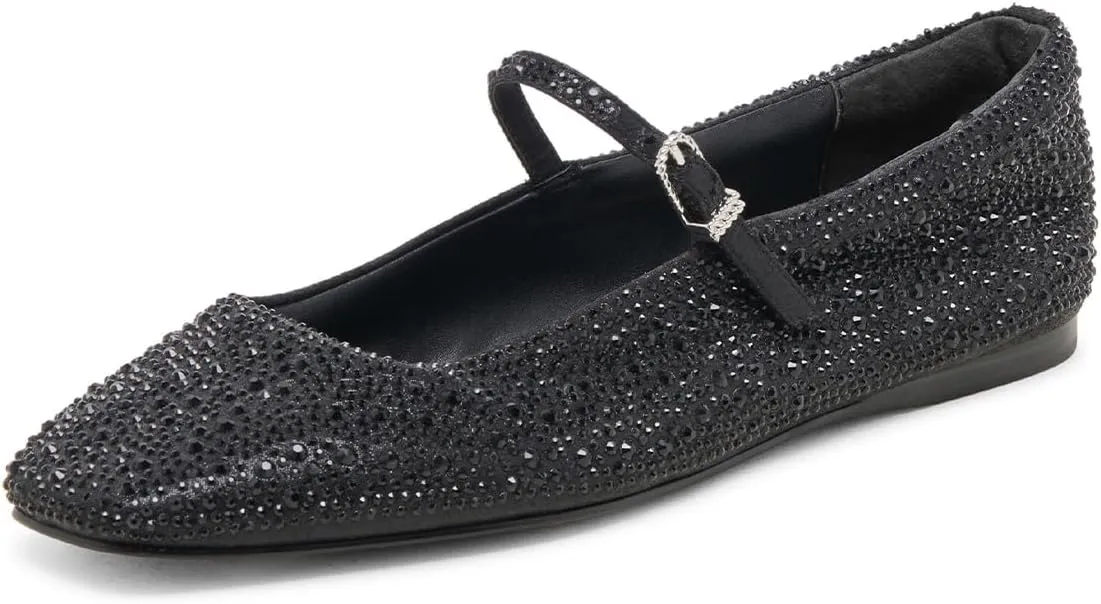 XYD Women Dazzled Crystals Ballet Flats Square Toe Strap with Buckled Mary Jane Dating Dress Shoes