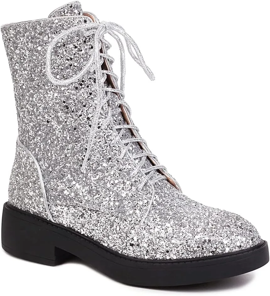 YIYA Women's Lace Up Glitter Sequin Combat Boots Round Toe Chunky Low Heel Side Zipper Sparkly Ankle Booties